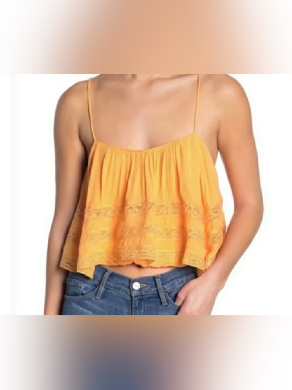 Free People Yellow Embroidered Spaghetti-Strap Cropped Camisole